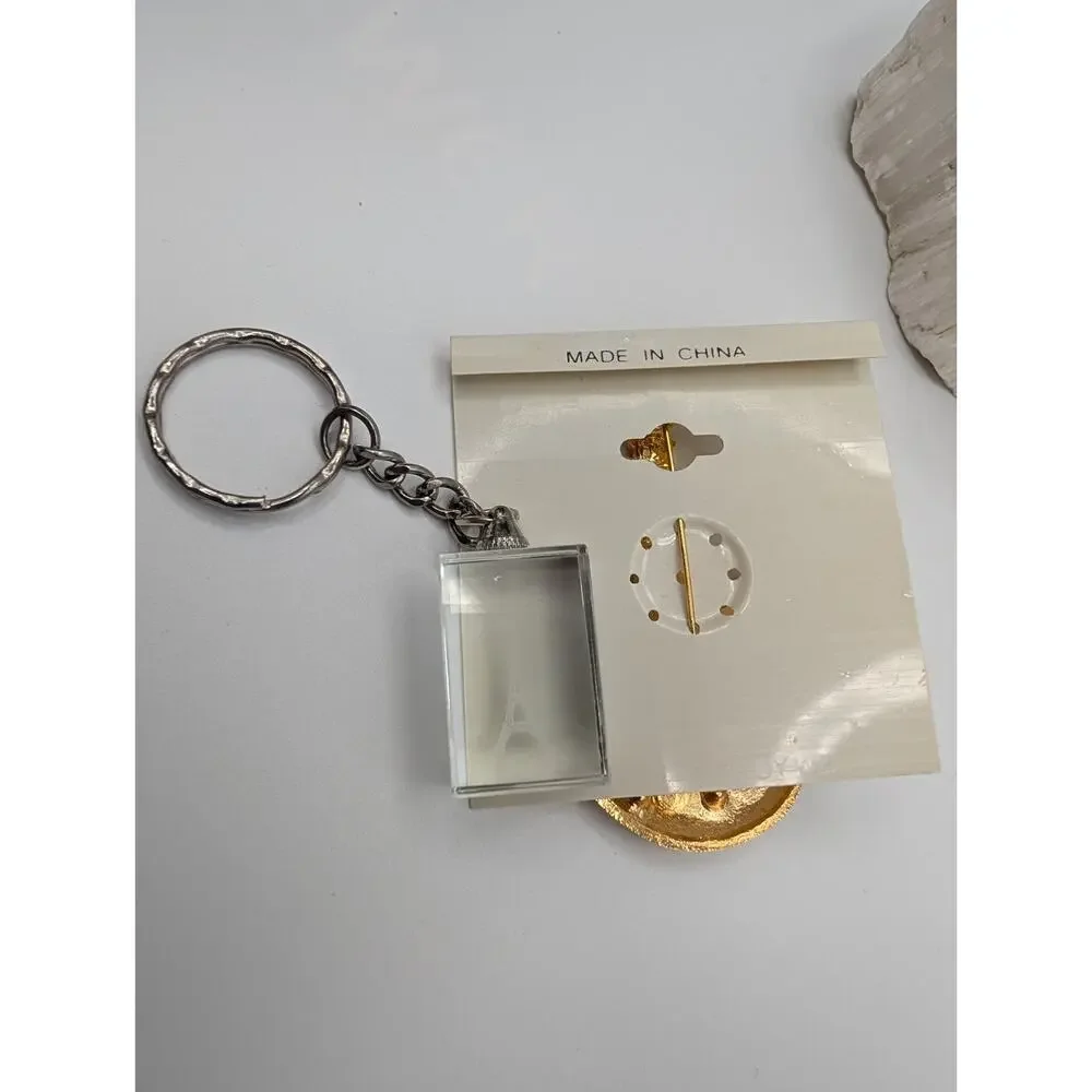 Eiffel Tower Souvenir Keychain & Jordache Brooch Pin Set Paris France Theme New